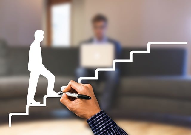 Drawing of working professional climbing a staircase towards a door, symbolizing success and reaching goals.