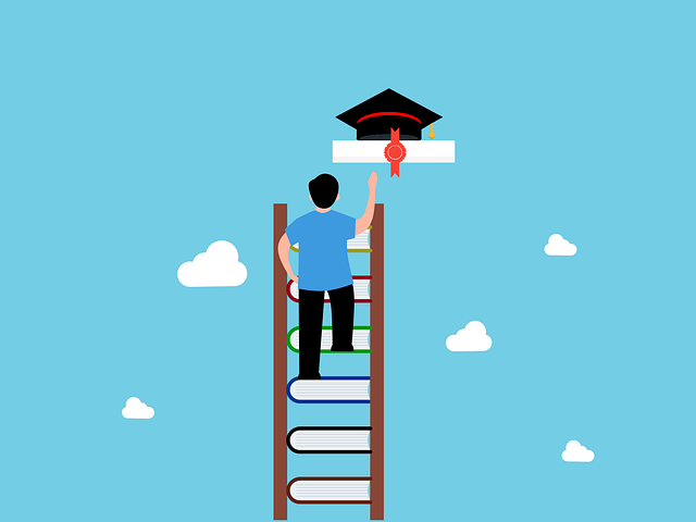 A person climbing a ladder made of books to reach a graduation cap.