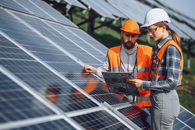 Two engineers in safety gear, including helmets and vests, inspect solar panels on a solar farm. The woman holds a blueprint or technical document while discussing the setup with her colleague.